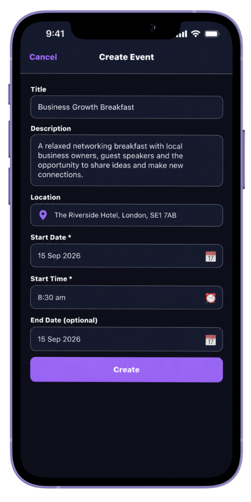 MyNetworx mobile Create Event form showing fictional event details, location, date and times.
