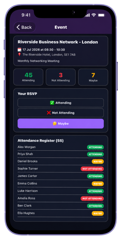 MyNetworx mobile Event Attendance screen showing fictional members marked attending, maybe, declined and awaiting response.