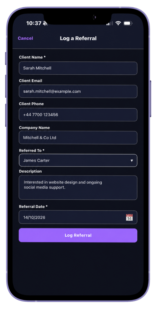 MyNetworx mobile Log a Referral form showing fictional client details, the referred member and a referral description.