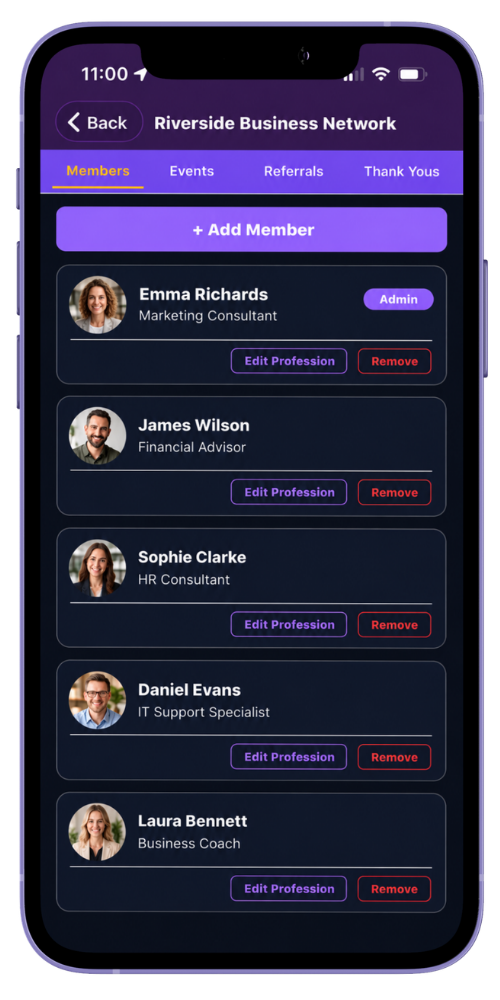 MyNetworx mobile Members area showing a fictional group member list with edit profession and remove controls.