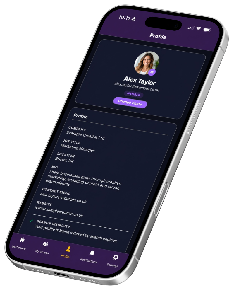 MyNetworx mobile member profile showing fictional professional details and contact information.