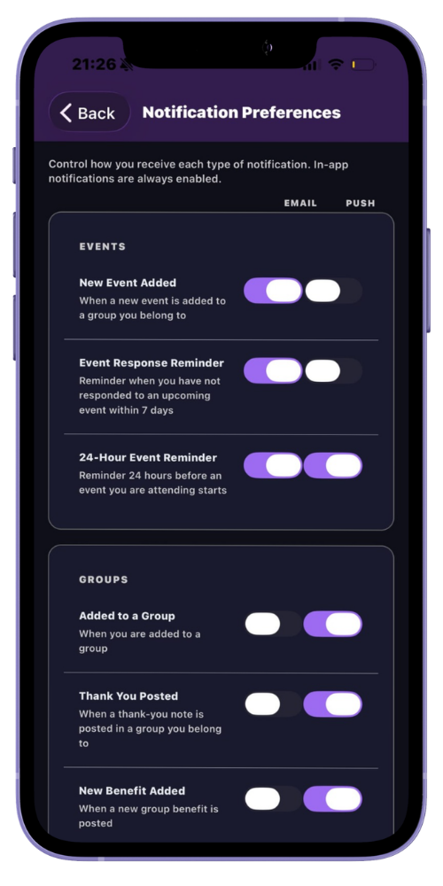 MyNetworx mobile Notification Preferences screen showing email and push settings for member activity.