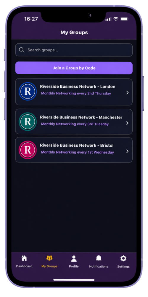 MyNetworx mobile My Groups screen showing the Join a Group by Code button and fictional networking groups.