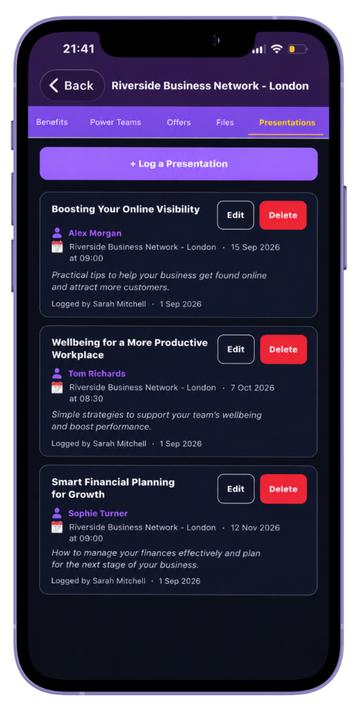MyNetworx mobile Presentations area showing fictional presentation titles, speakers and event dates.