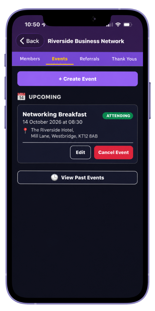 MyNetworx mobile Events area showing a fictional networking breakfast marked as attending.