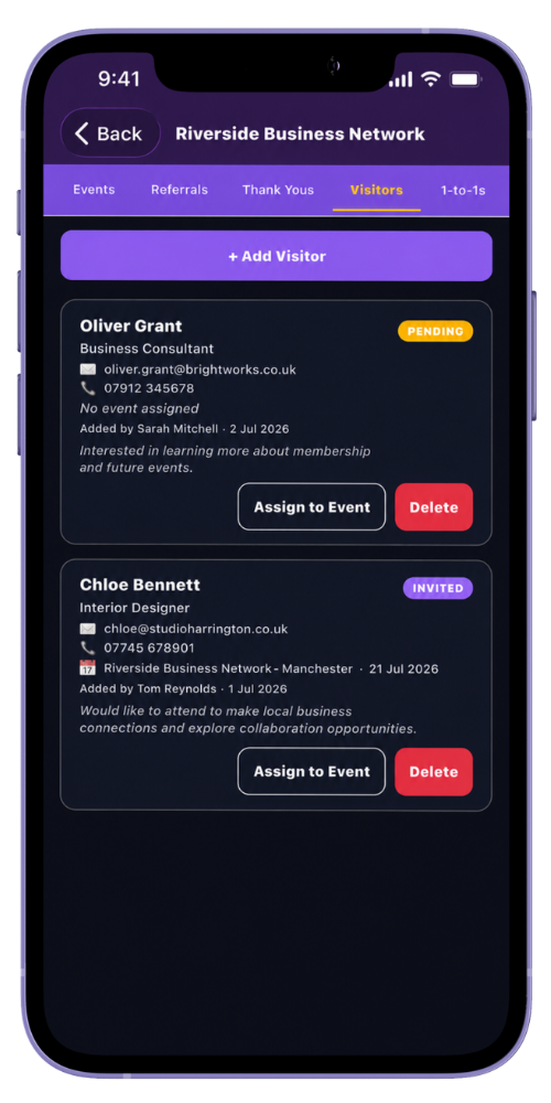 MyNetworx mobile Visitors area showing fictional visitor names, companies and event statuses.